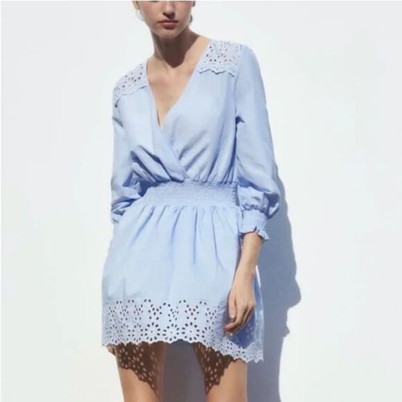 Zara Blue Embroidered Summer Long Sleeve Mini Dress - Picture 2 of 7